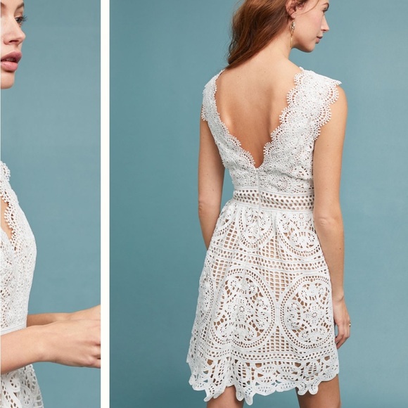 Monique Lhuillier x Anthropologie Yolande Lace Dress Ivory Scalloped Vneck 8 NEW - Picture 3 of 16